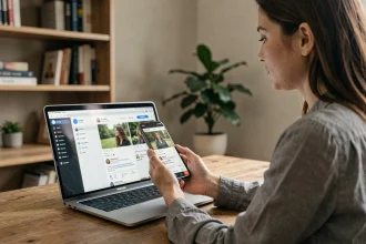 Femme effectuant une recherche inversée d'image sur smartphone et ordinateur portable pour retrouver des profils sur les réseaux sociaux