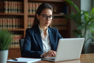 Avocate professionnelle consultant des documents juridiques sur un ordinateur portable dans un cabinet moderne avec bibliothèque juridique