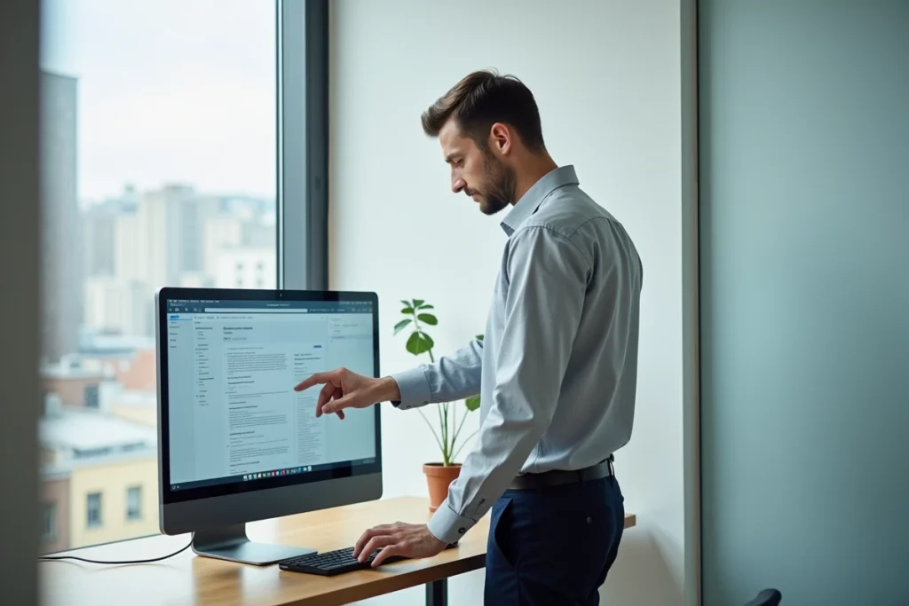 Homme en télétravail consultant une plateforme de recherche juridique en ligne depuis son bureau à domicile minimaliste