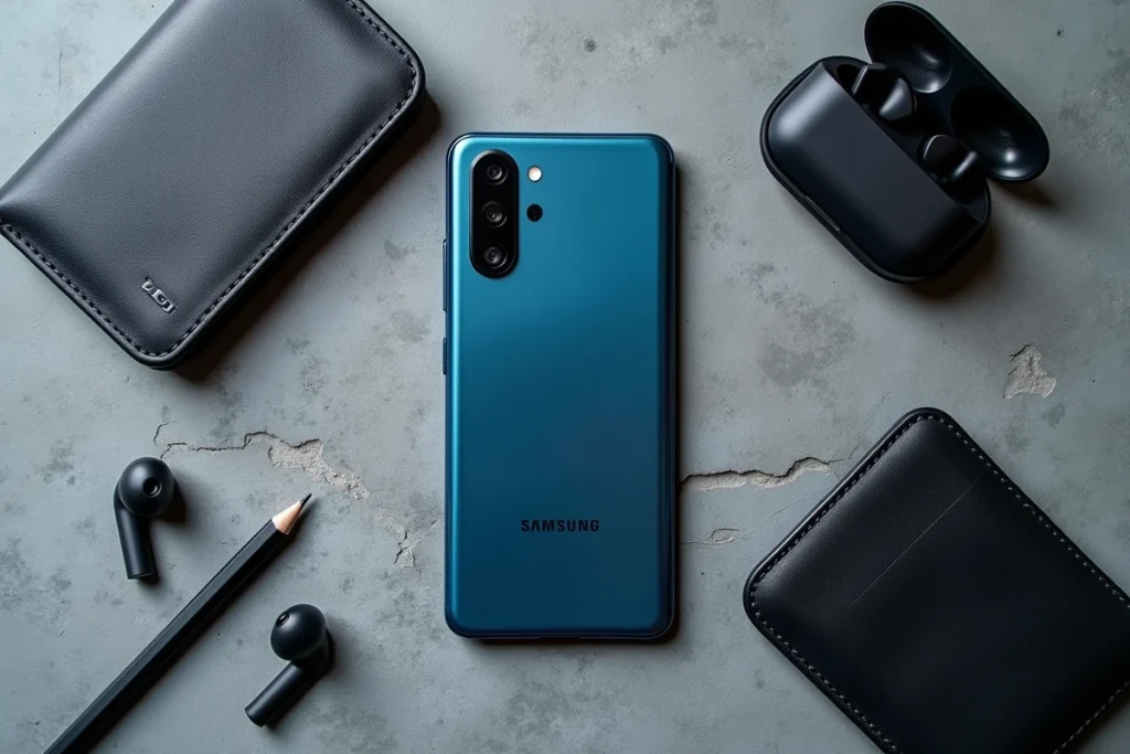 Vue à plat du Samsung Galaxy A35 5G posé sur béton entouré d'accessoires quotidiens