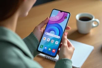 Femme tenant un Samsung Galaxy A35 5G avec écran allumé sur un bureau en bois minimaliste