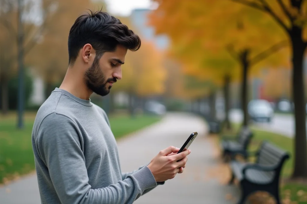 Homme utilisant son Samsung Galaxy A35 5G en extérieur dans un parc urbain en automne