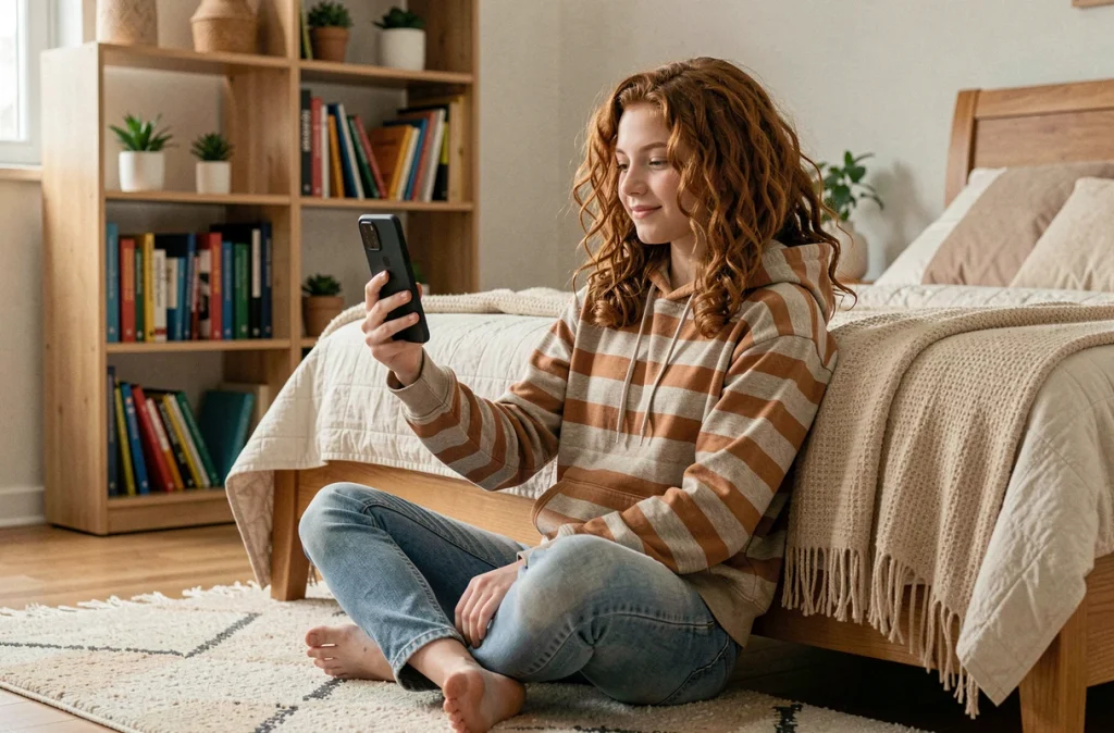 Adolescente utilisant le Samsung Galaxy A55 pour un appel vidéo en famille dans sa chambre