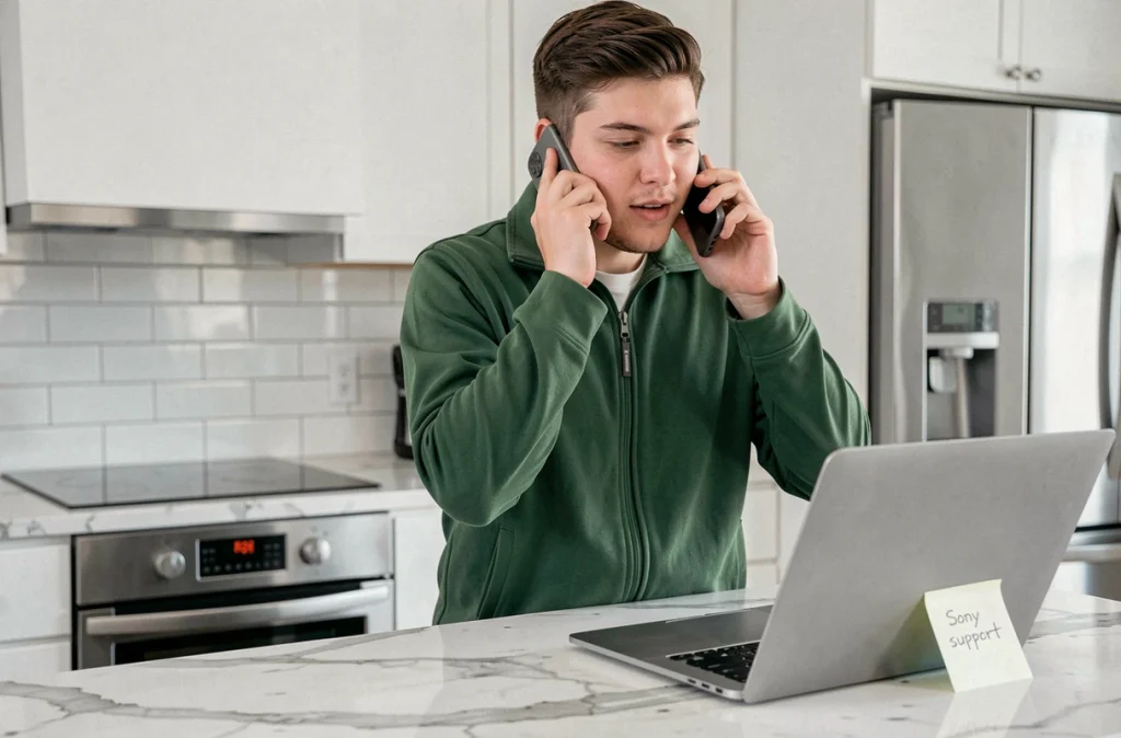 Personne appelant le service client Sony PlayStation depuis sa cuisine avec une note manuscrite et un ordinateur portable posés sur le comptoir
