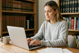 Femme utilisant un calculateur de signes en temps réel sur un ordinateur portable dans un bureau à domicile