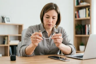 Femme comparant un câble USB-A et un câble USB-C dans un bureau à domicile moderne