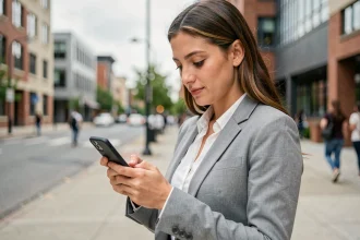 Femme professionnelle configurant sa messagerie Etna sur smartphone en milieu urbain près d'un campus universitaire à Nantes