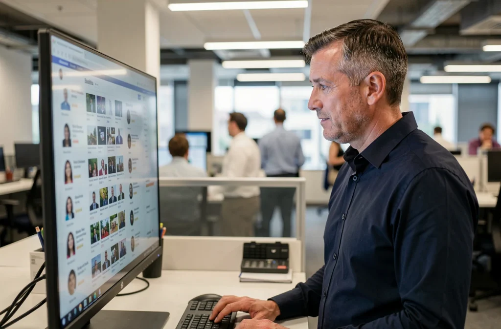 Homme consultant des résultats de recherche de profils sur les réseaux sociaux depuis un écran d'ordinateur en open space