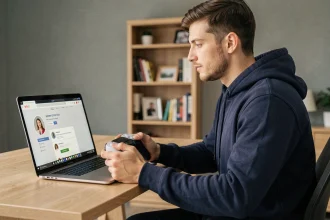 Homme contactant le service client Sony PlayStation depuis son bureau à domicile avec une manette DualSense et un ordinateur portable