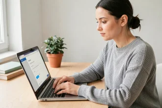 Femme créant un compte email Yahoo sur un ordinateur portable dans un bureau à domicile bien rangé