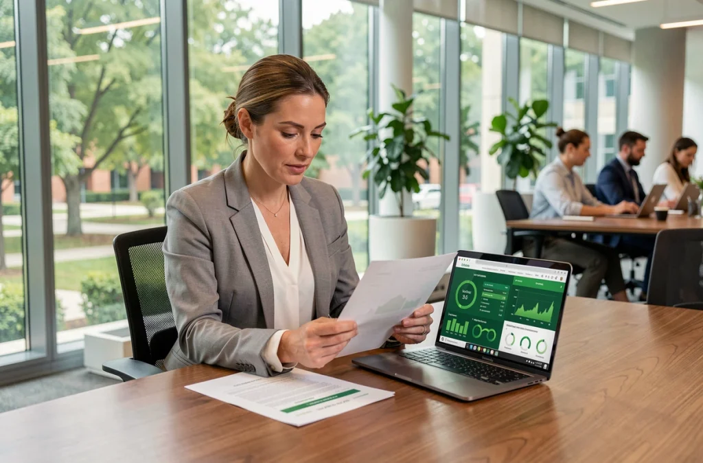Femme cadre d'entreprise analysant un rapport de développement durable Dell dans un bureau moderne ouvert