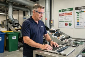 Ingénieur Dell inspectant des composants électroniques recyclés dans un centre de recyclage industriel moderne