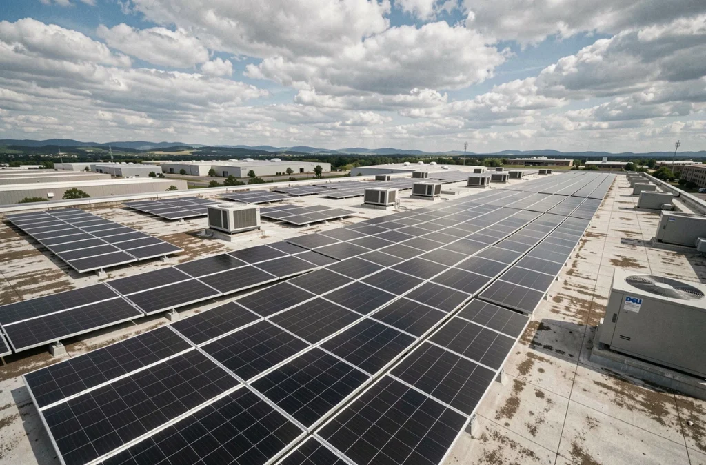 Vaste installation de panneaux solaires sur le toit d'un centre de données Dell pour alimenter les opérations en énergie renouvelable