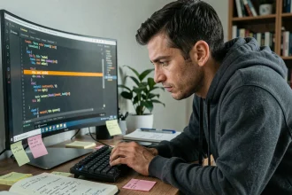 Développeur web concentré analysant un formulaire HTML avec le mot-clé this affiché sur son écran de bureau