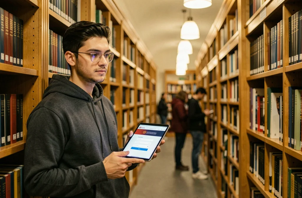 Étudiant consultant son compte académique Webmel sur une tablette dans une bibliothèque universitaire de Nantes
