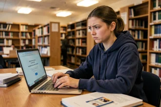 Étudiante frustrée devant un écran d'erreur de connexion à l'intranet de l'université Lyon 3