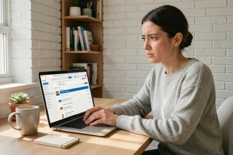 Femme frustrée devant son ordinateur portable tentant d'activer son compte EDocPerso fr bloqué après l'email d'activation