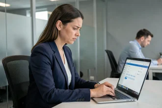 Femme cadre en entreprise consultant les paramètres de confidentialité Gmail sur son ordinateur portable dans un bureau moderne