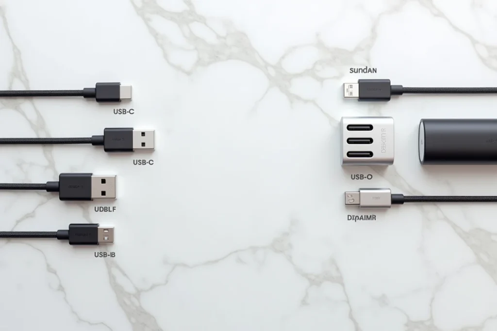 Flat lay de câbles USB-C, USB-A et chargeurs GaN sur fond marbre blanc pour guide d'achat 2026