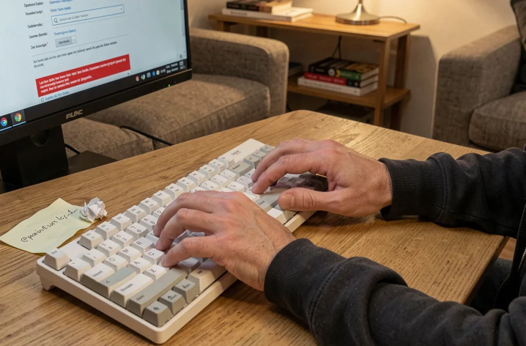 Gros plan sur des mains tapant sur un clavier avec un message d'erreur d'activation EDocPerso fr visible à l'écran