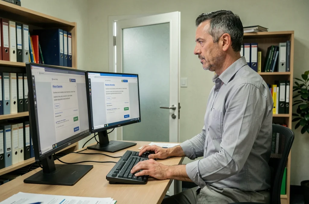 Homme en open space administratif gérant sa connexion à un portail professionnel sécurisé sur double écran