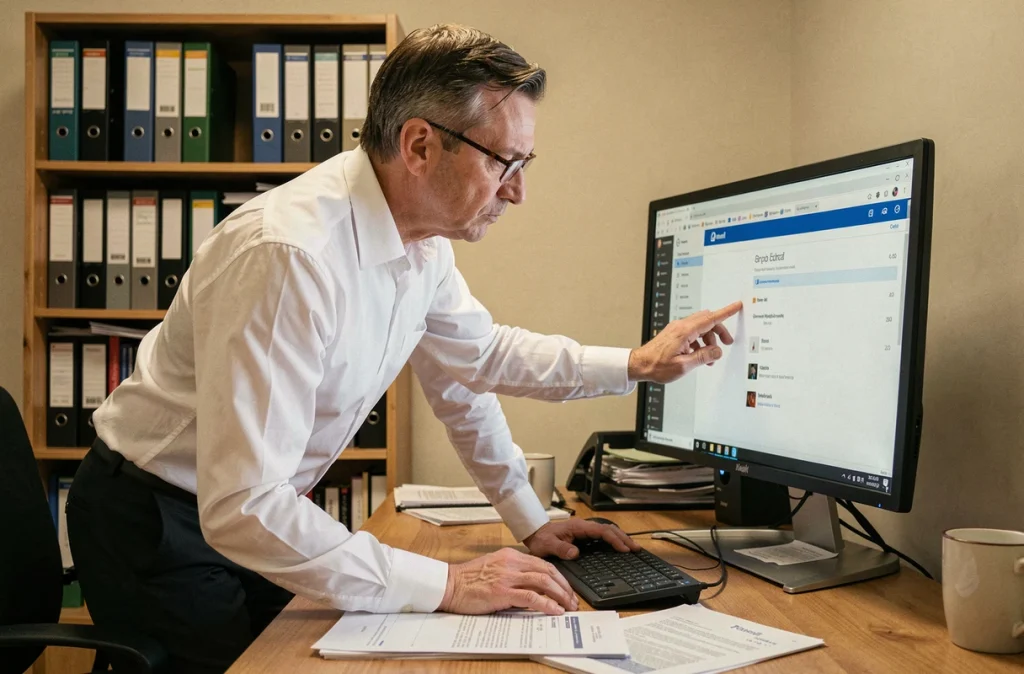 Homme d'affaires examinant les paramètres de compte Gmail sur un grand écran dans un bureau privé avec des documents professionnels