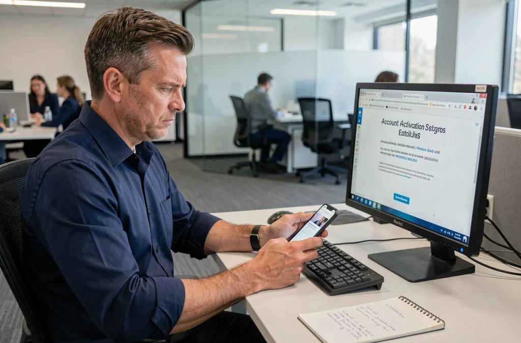 Homme au bureau consultant son téléphone et son ordinateur pour résoudre un problème d'activation de compte EDocPerso fr