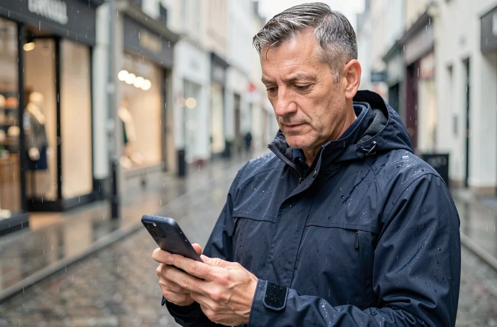Homme utilisant le Samsung Galaxy A55 sous la pluie en ville illustrant sa robustesse