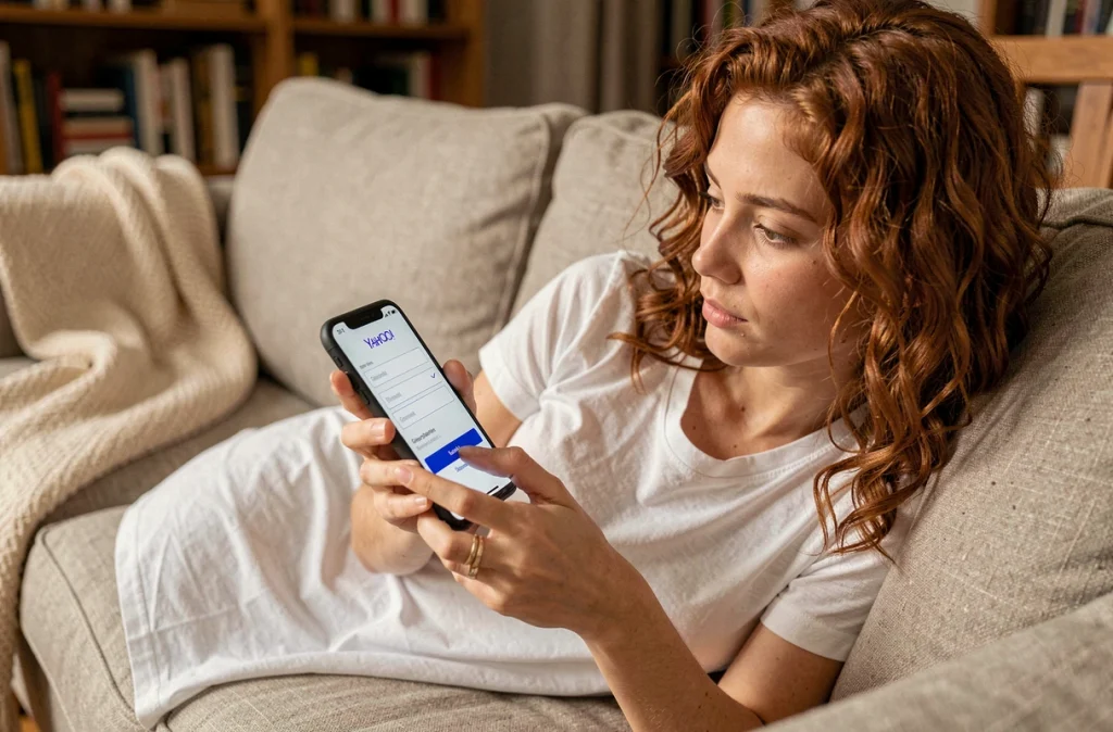 Jeune femme inscrivant son compte Yahoo sur smartphone avec vérification en deux étapes depuis son canapé