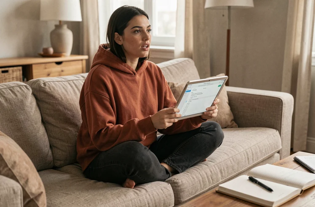Jeune femme utilisant un calculateur de signes en temps réel sur tablette dans un salon chaleureux