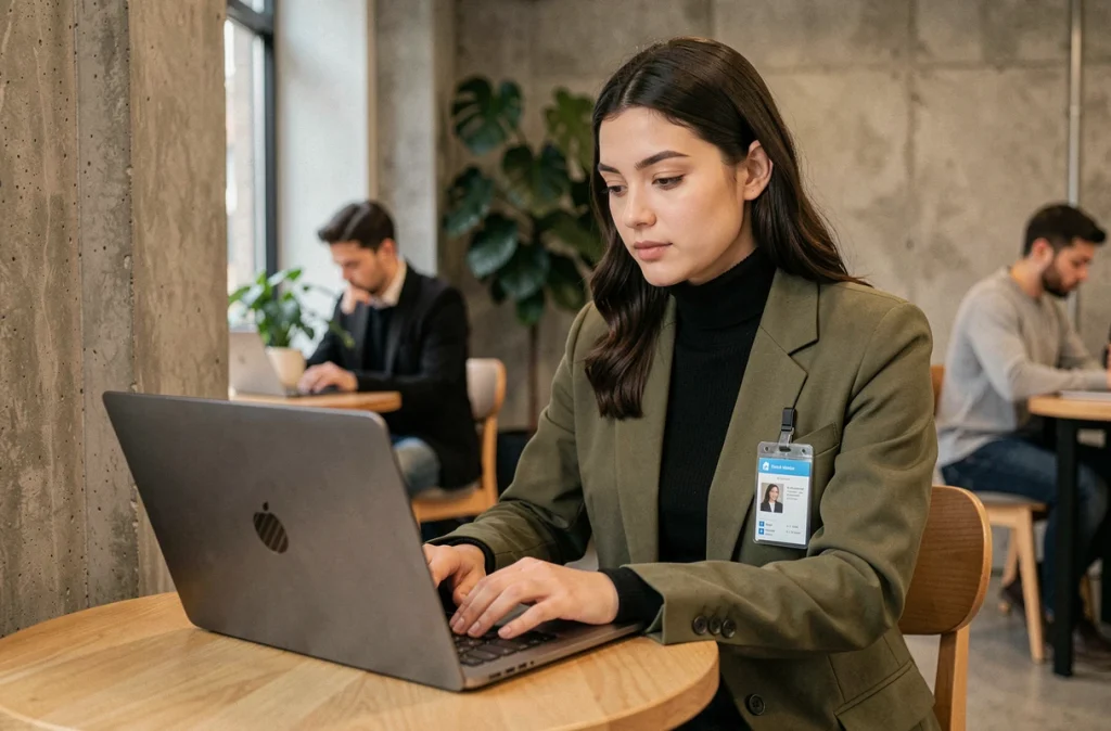 Jeune professionnelle connectée en télétravail à un réseau sécurisé via VPN dans un espace de coworking moderne
