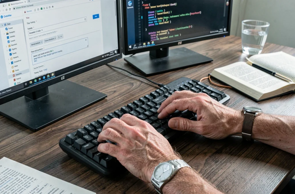 Gros plan sur les mains d'un développeur codant un formulaire HTML avec le mot-clé this dans un éditeur de code