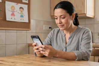 Mère de famille consultant les paramètres de sécurité du Samsung Galaxy A55 dans une cuisine familiale