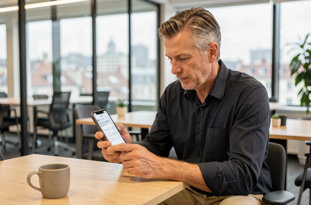 Homme d'affaires consultant la configuration de sa messagerie Etna webmail sur iPhone dans un bureau moderne à Nantes