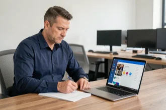 Homme vérifiant une checklist de migration Windows 7 vers Windows 10 dans un bureau moderne