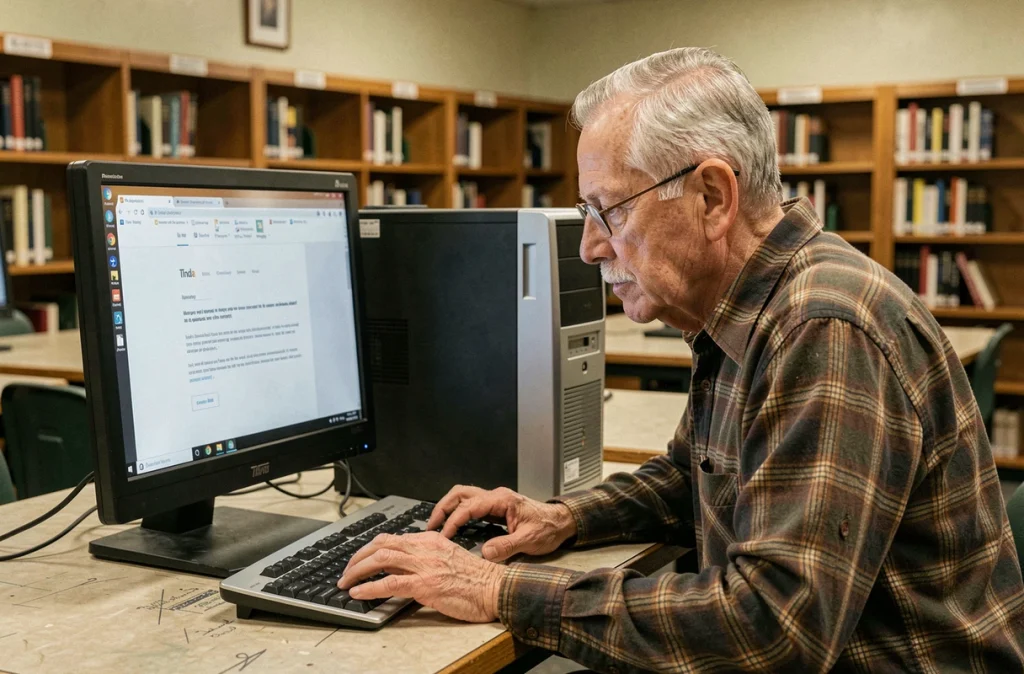 Homme âgé utilisant un PC d'occasion en bibliothèque publique avec un navigateur internet léger et rapide