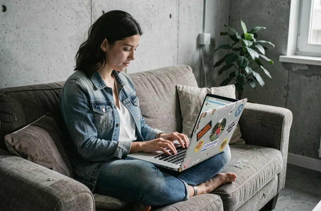 Jeune femme naviguant sur internet avec un vieux laptop lent grâce à un navigateur léger sur un canapé d'appartement