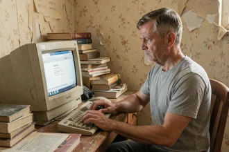 Homme d'âge mûr utilisant un ancien ordinateur de bureau avec un navigateur web léger sur un vieux moniteur CRT