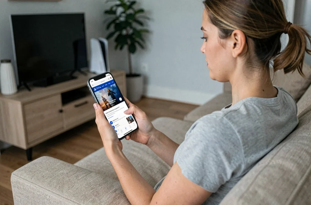 Femme cherchant le numéro de téléphone du support Sony PlayStation sur son smartphone dans son salon avec une PS5 en arrière-plan
