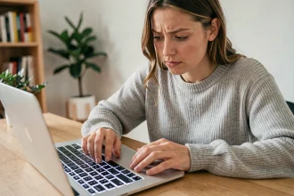 Femme utilisant un clavier Mac et cherchant la touche tilde sur son bureau à domicile