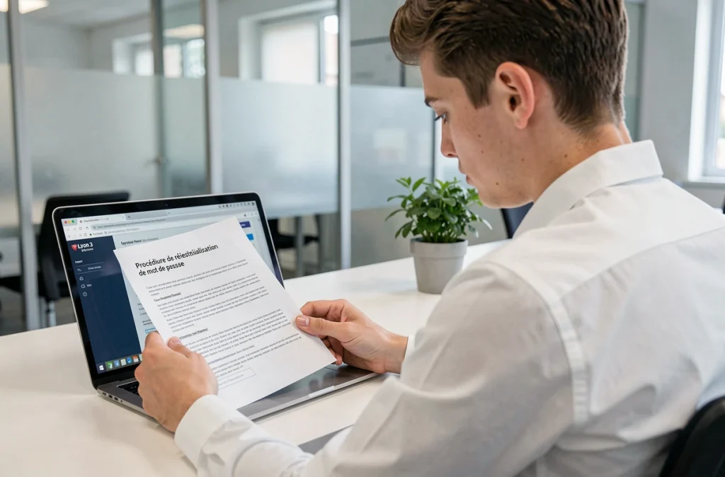 Étudiant consultant la procédure officielle de réinitialisation de mot de passe pour accéder à l'intranet Lyon 3