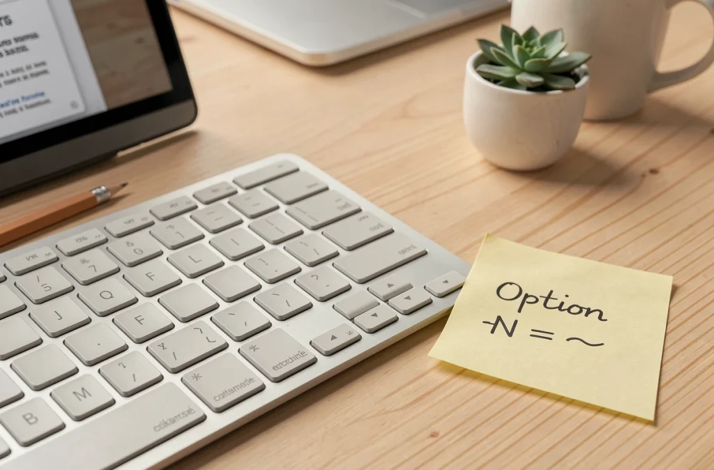 Clavier Apple Magic Keyboard avec un pense-bête montrant le raccourci clavier pour taper le tilde sur Mac