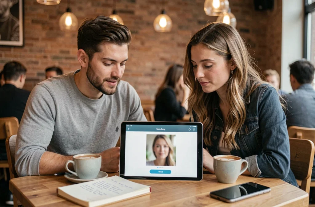 Deux personnes recherchant des informations sur les réseaux sociaux à partir d'une photo via une tablette dans un café