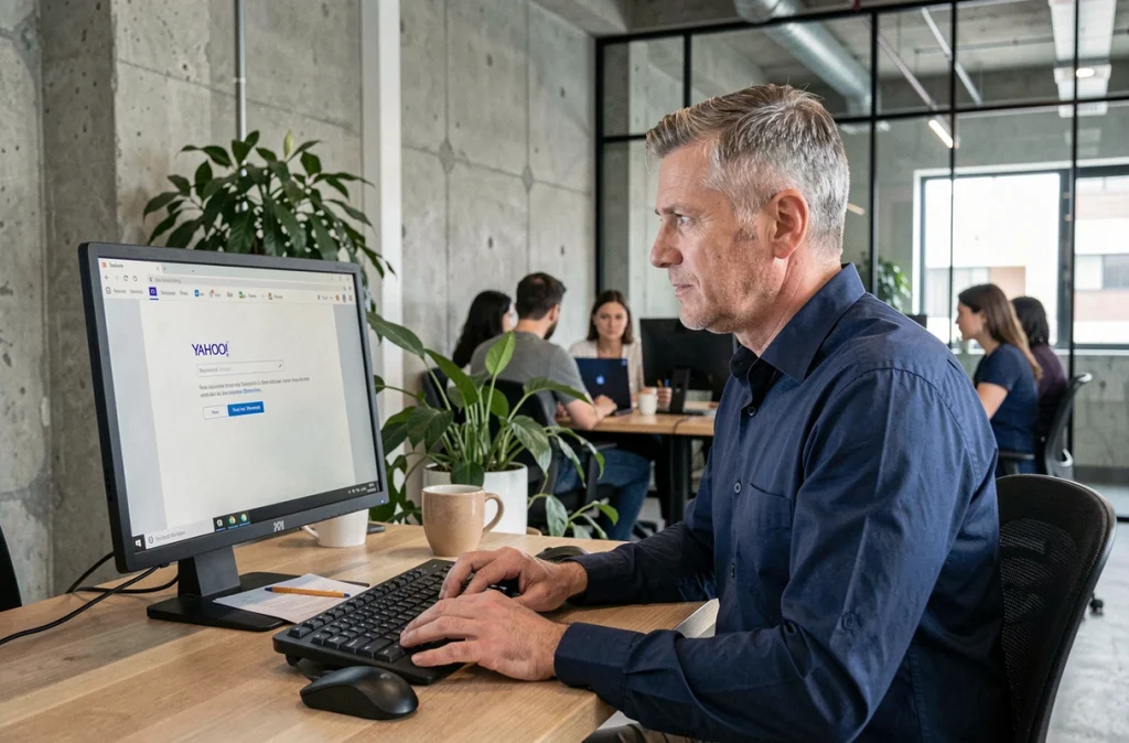 Homme configurant la sécurité de son compte Yahoo dans un espace de coworking moderne