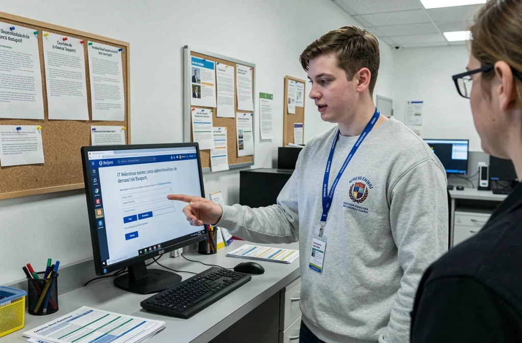 Étudiant demandant de l'aide au support informatique de l'université pour récupérer son compte intranet Lyon 3