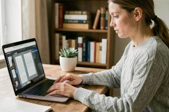 Femme utilisant un MacBook pour supprimer des pages d'un PDF sur un bureau en bois à domicile