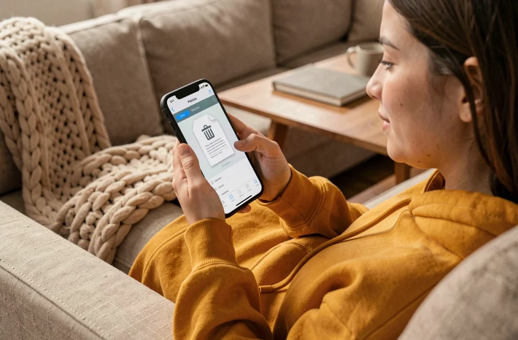 Jeune femme supprimant des pages d'un PDF sur smartphone depuis son canapé avec une application mobile gratuite