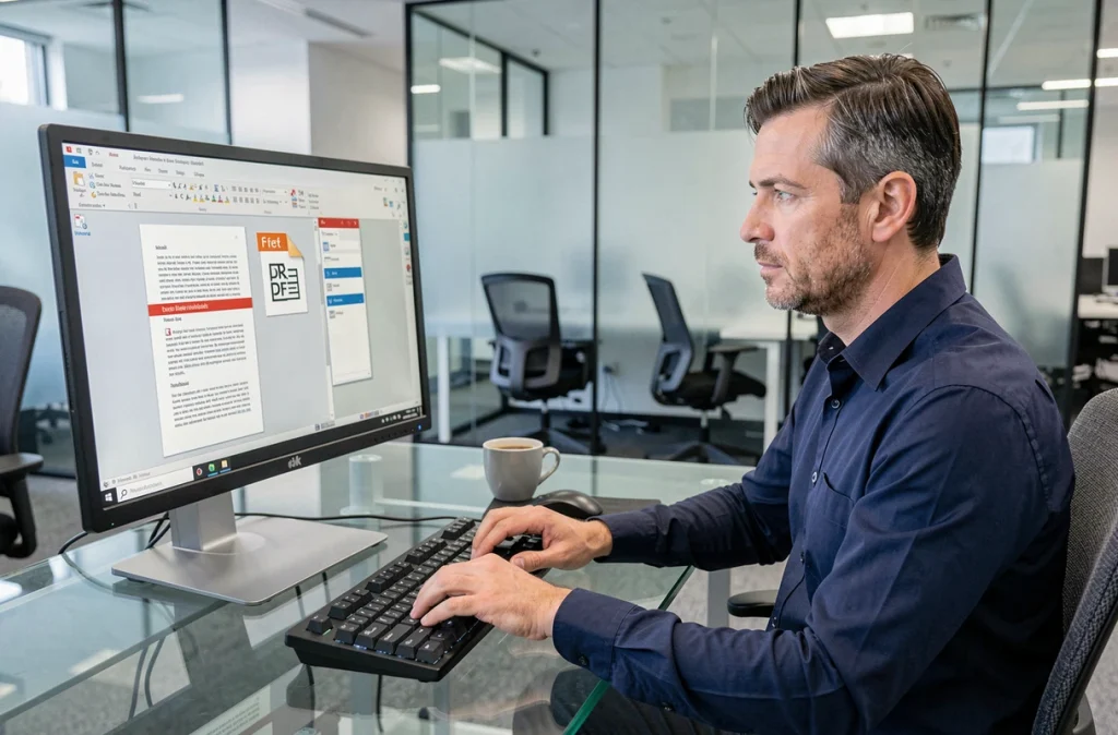 Homme supprimant des pages d'un PDF sur un PC Windows dans un bureau professionnel moderne