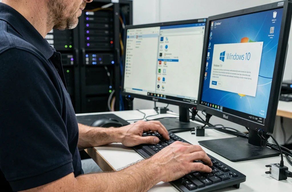 Technicien informatique gérant une migration Windows 7 vers Windows 10 sur poste de travail professionnel