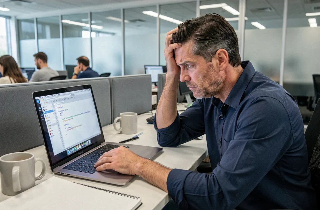 Homme frustré devant son MacBook Pro incapable de saisir le caractère tilde dans un bureau professionnel